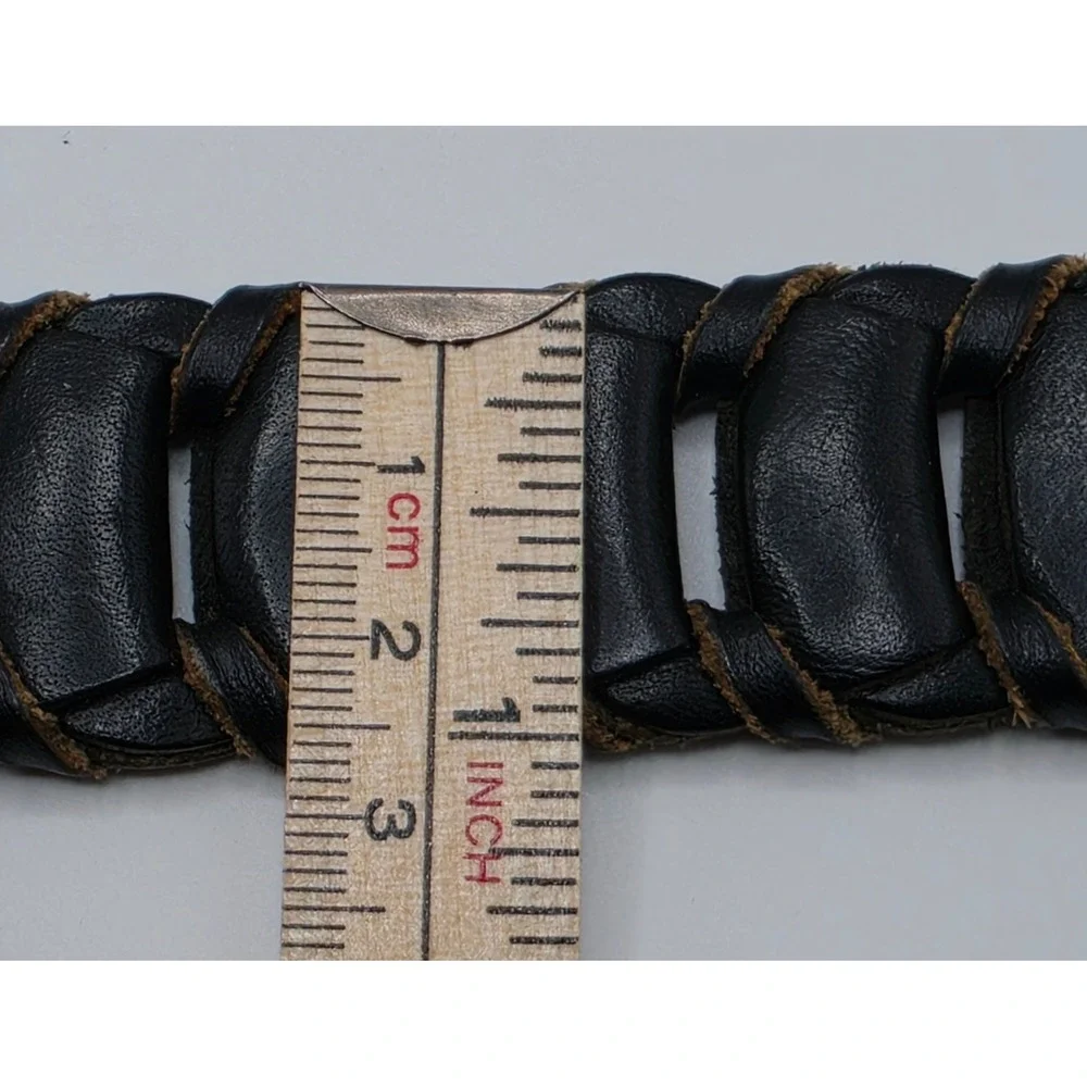 Italian Full Grain Leather Woven Belt Mens Black Interlocking Silver Buckle 47